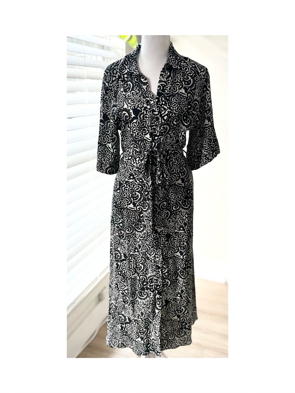 Zara Black & White Floral Tie-Waist Shirt Dress